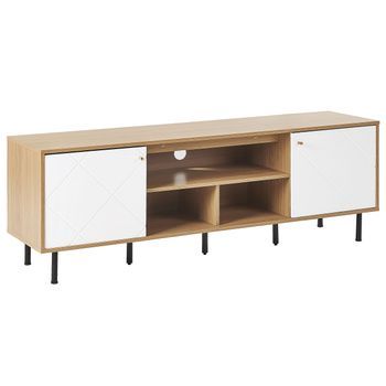 Mueble De Tv Madera De Aglomerado Clara Blanco Metal 160 X 56 X 40 Cm Patas Negras 2 Puertas 3 Baldas Escandinavo Moderno Sala De Estar Palmer