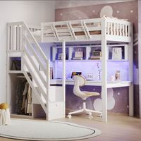 cama alta 90 x 200 cm con escritorio esquinero 4 compartimentos y 1 barra para colgar - pino  contrachapado  mdf - led y puertos usb - blanco