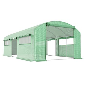 Outsunny Invernadero de Túnel 6x3x2 m con 3 Puertas Enrollables 6 Ventanas de Malla y Estructura de Acero Galvanizado Verde