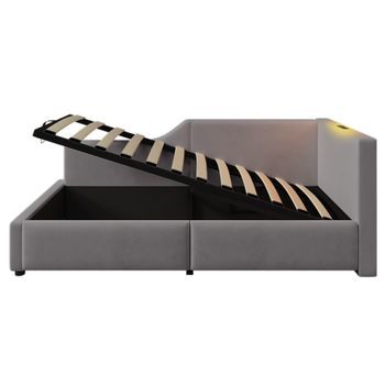 Cama Contenedor 90x190cm - Sofá Cama De Terciopelo - Con Luz De Lectura Y Puertos De Carga - Con Somier - Gris