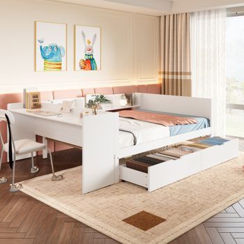 Cama 140x200 Cm Con 2 Cajones, Balda Y Escritorio - Pino Y Tablero De Partículas - Blanco (sin Colchón)