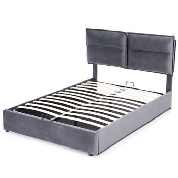 Cama Contenedor Acolchada De Terciopelo 140x200cm Con Cabecero Ajustable Y Somier De Láminas Gris
