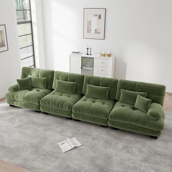 Sofá Modular De Esquina 4 Plazas Con Asiento Profundo, Sofá Cama En Felpilla Cómodo Verde Para Salón, Apartamento, Oficina