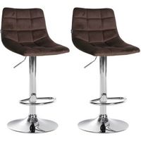 juego de 2 taburetes de bar en terciopelo marron base de metal cromado regulable en altura y reposapies tdb10630