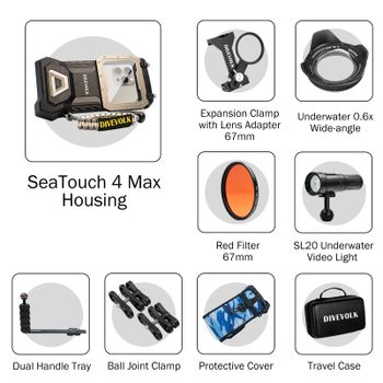 DIVEVOLK Seatouch 4 Max, accesorios para cajas de buceo móviles, filtro de cuerda antipérdida, película, palo Selfie, adaptador de cámara