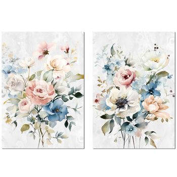 Set 2 Cuadros Lienzo Blanco, Rosa Y Azules