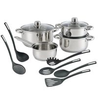 bateria de cocina de acero inox con utensilios de cocina negro