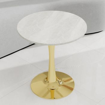 Mesa de comedor redonda con efecto mármol blanco.