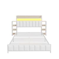 cama tapizada 160 x 200 cm - polipiel y metal - cabecero con almacenaje y led - blanco sin colchon