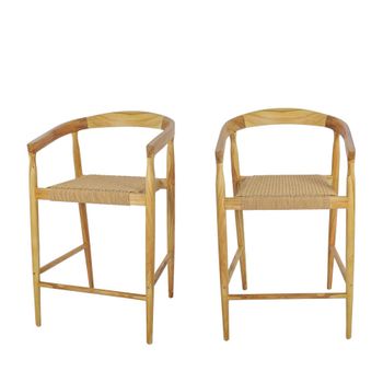 Lote 2 sillones de bar de teca y cuerda trenzada h65cm - madera clara