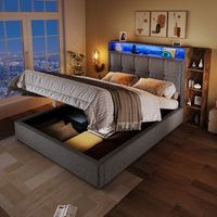 cama con canape de 90 x 200 cm con cabecero y estantes - tejido de lino - toma usb  tipo c led - gris colchon no incluido