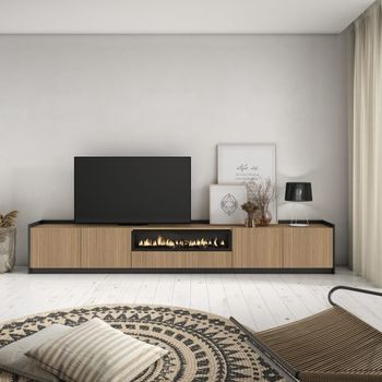 Mueble tv efecto madera roble y negro 310x37x50 chimenea efecto fuego