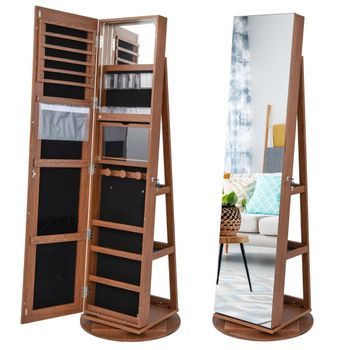 Gabinete De Joyería Giratorio De 360° Con Luces Led De Tres Colores, Gabinete De Espejo De Madera Independiente