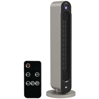 HOMCOM Calefactor Cerámico de Torre 1100/2200W Mando Pantalla LED Temporizador y Oscilación Ø25x73,5 cm Plata y Negro   Aosom España
