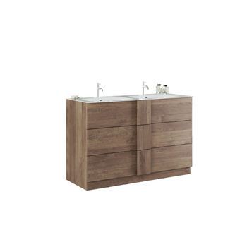 Mueble De Baño Con Dos Lavabos Y 3 Cajones, Colección Frassi. Color Roble Claro.