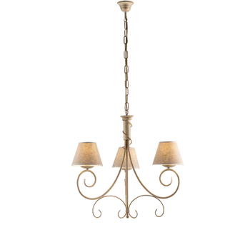 Lámpara De Araña Vienesa En Hierro Lacado Marfil Con Decoración. Oro Antiguo Y Pantallas De Lámparas D. 13 En Pvc Efecto Tela De Yute 3 Luces 118 Ø52