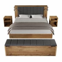 cama doble 160x200 cm con colchon efecto madera cabecero abatible 2 mesitas de noche banco con almacenamiento usb lino roble