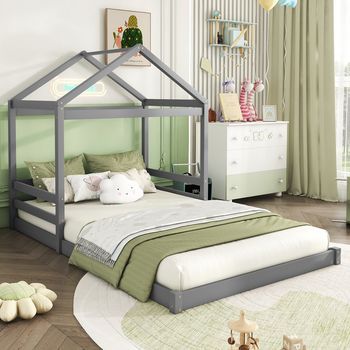 Cama Infantil En Forma De Casa Con Somier De Lamas, 140x200 Cm, Madera De Pino, Gris, Estilo Minimalista