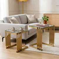juego de 2 mesas auxiliares - mueble de salon - cristal y acero - dorado 41x41x46cm