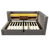 cama individual tapizada 90x190 - led almacenamiento hidraulico cabecero l montable ambos lados - gris