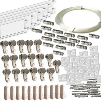 Pack Basic Rm De 9 Metros Guías De Aluminio Blanco O Plata Con 18 Colgadores Nylon Para Colgar Cuadros.