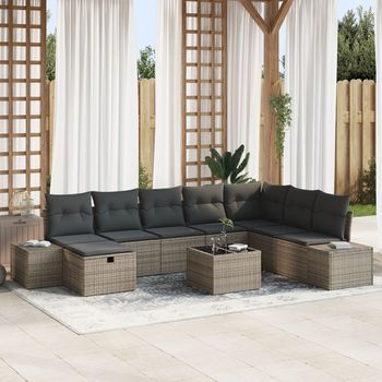 Conjunto De Sofá De Jardín De 9 Piezas Con Cojines Gris Poliratán V8891 Unico / Gris