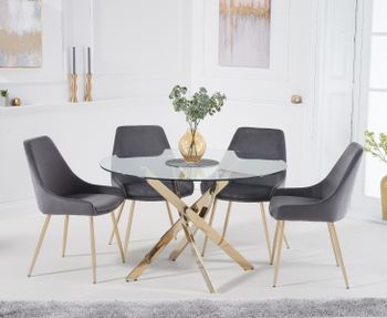 Denver 110cm Gold Leg Glass Dining Table with Fern Velvet Chairs - Grey, 4 Chairs
