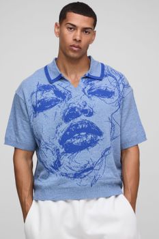 Polo Oversize De Punto Jacquard Con Cara, Azul