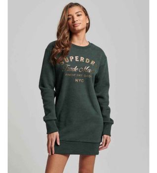 Superdry para mujer. W8011496A Vestido de punto con logotipo metalizado Luxe verde (XS), Casual, Poliéster, Manga larga