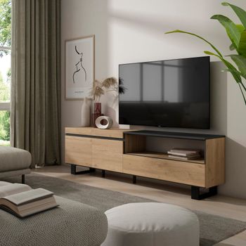 Mueble tv efecto madera roble y negro 200x35x57cm con patas