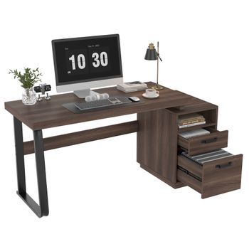 Escritorio Moderno Mesa De Oficina 135x54cm Con Cajones Y Archivador, Estructura De Acero Y Mdf, Marrón