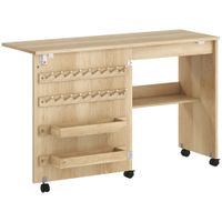homcom mesa maquina de coser plegable con puerta magnetica 2 compartimentos estante 18 soportes para hilos 5 ruedas natural