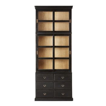 Librería negra con 6 cajones y puertas de vidrio