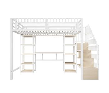 Cama alta 140x200 cm - estructura de metal, escritorio, estante, led, usb, sin colchón - blanco