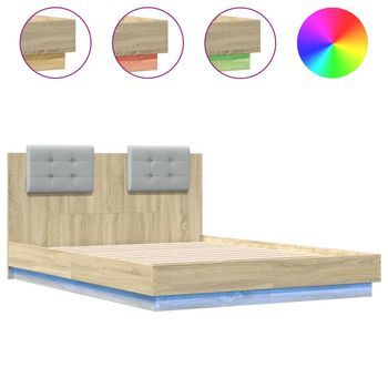 Cama Matrimonial | Cama Para Adultos | Estructura De Cama Cabecero Luces Led Roble Sonoma 140x190 Cm