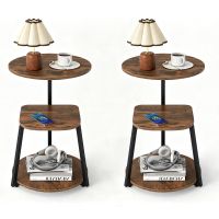costway juego de 2 mesa auxiliar madera y hierro negro tres niveles almacenamiento con pies regulables para salon dormitorio 425 x 425 x 61 cm marron