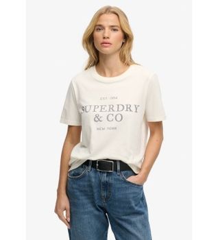 Superdry para mujer. W1011853A Camiseta Luxe blanco crema (M), Casual, Algodón, Manga corta