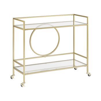 Carrito De Cocina De Metal Dorado Vidrio 75 X 45 Cm Ruedas 2 Estantes Cajón Glamour Kerry