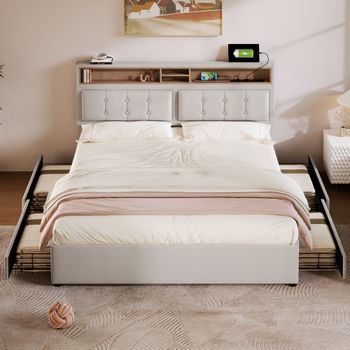 Cama Doble Tapizada 140x200 Cm Con Cuatro Cajones, Usb Y Cabecero Regulable