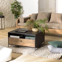 mesa de centro negra con 1 cajon de pino reciclado y metal 80x80