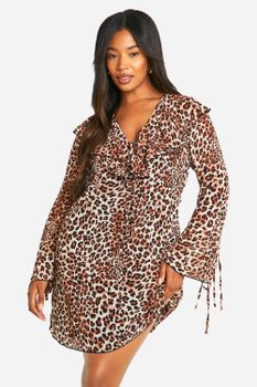 Vestido Recto Plus De Tela Con Volante Y Estampado De Leopardo, Multi