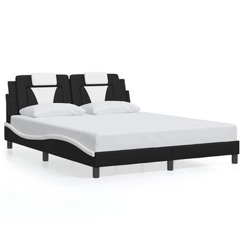 Cama Doble | Cama Para Adultos | Estructura Cama Cabecero Cuero Sintético Negro Blanco 160x200cm