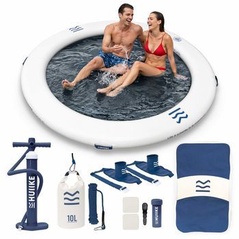 Anillo Hinchable Flotante 4 Personas Con Accesorios, Huiike | Inflador, Ancla De Arena, 2 Soportes Para Bebida, 2,44 M | Soporta 280 Kg, Blanco