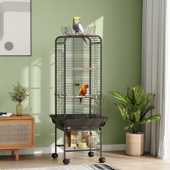PawHut Jaula para Pájaros con Ruedas Estante 62,5x62,5x146 cm Gris Oscuro