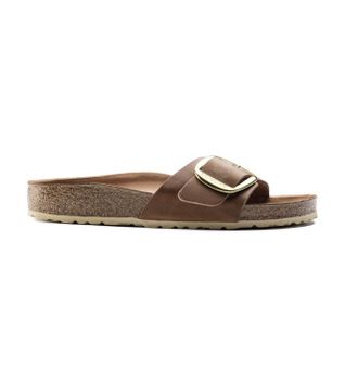 Birkenstock para mujer. 1006525 Sandalias de piel Madrid Big Buckle (Ajuste Estrecho) marrón (38), Plano, Ninguno, Casual