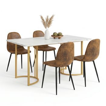 Set 5 Mesa Y Sillas Mármol Metal Urban Meuble 140x80 Cm - Blanco Y Marrón