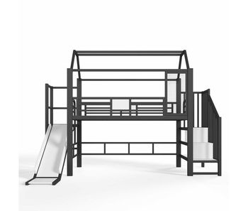 Cama alta infantil 90 × 200 cm - forma de casa con tobogán, escalera, almacenaje y led bluetooth en 747 - negro