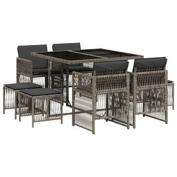 Set Comedor Jardín 9 Pzas Y Cojines Ratán Sintético Gris Cfw977072