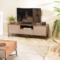 mueble tv en madera de mango 2 puertas 1 cajon motivos etnicos