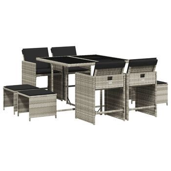 Set Comedor De Jardín 9 Piezas | Mueble De Jardín Cojines Ratán Sintético Gris Claro